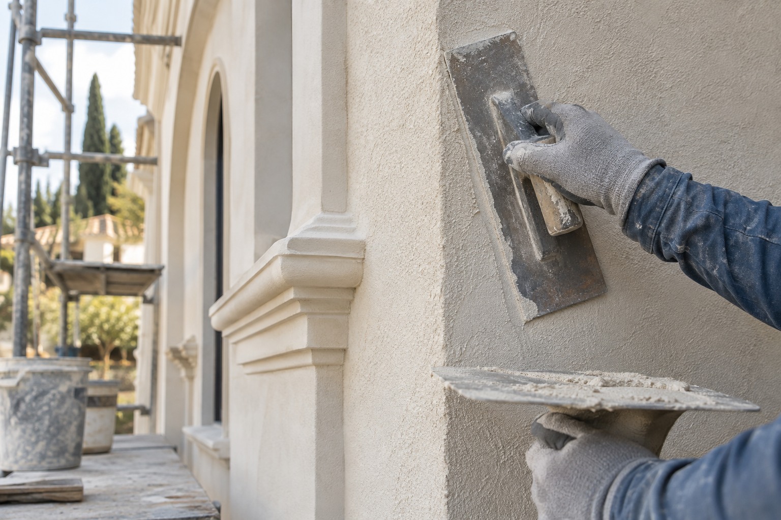 Professional plaster craftsperson applying a stucco finish